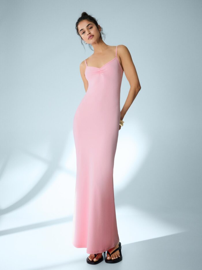 BÜZGÜLÜ ASKILI MİDİ ELBİSE