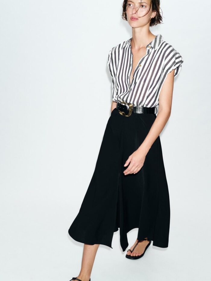 KEMERLİ ÇİZGİLİ KOMBİNE MİDİ ELBİSE