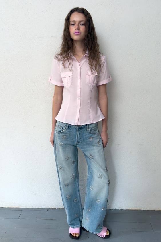 TRF GENİŞ PAÇA TAŞLI DÜŞÜK BEL JEAN