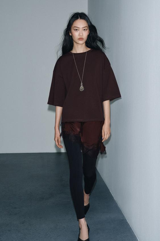 ÇİKOLATA RENK DANTELLİ KOMBİNE T-SHIRT