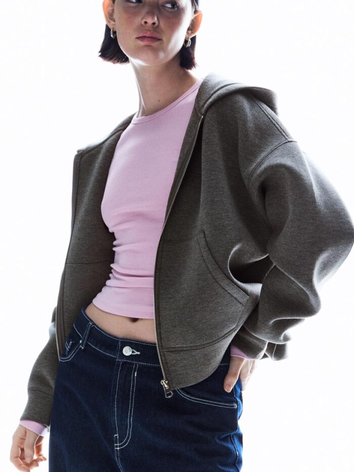 FERMUARLI OVERSİZE SENTETİK KAUÇUK KUMAŞ SWEATSHİRT