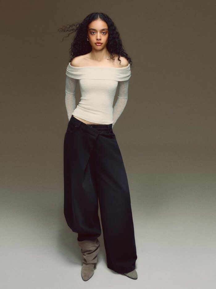 IŞILTILI RUSTİK BARDOT UZUN KOLLU TOP