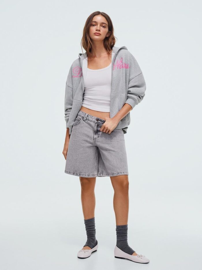 BASKILI OVERSİZE KAPÜŞONLU FERMUARLI SWEATSHİRT