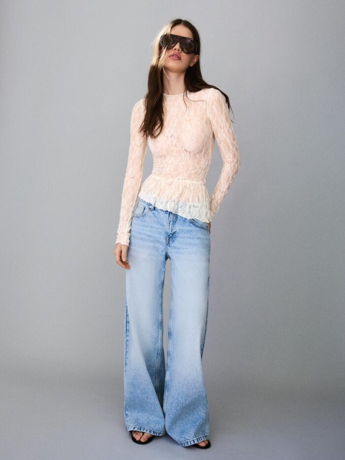 KREM RENGİ FIRFIRLI DANTEL UZUN KOLLU TİŞÖRT