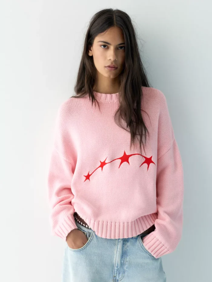 YILDIZ DETAYLI PEMBE KAZAK