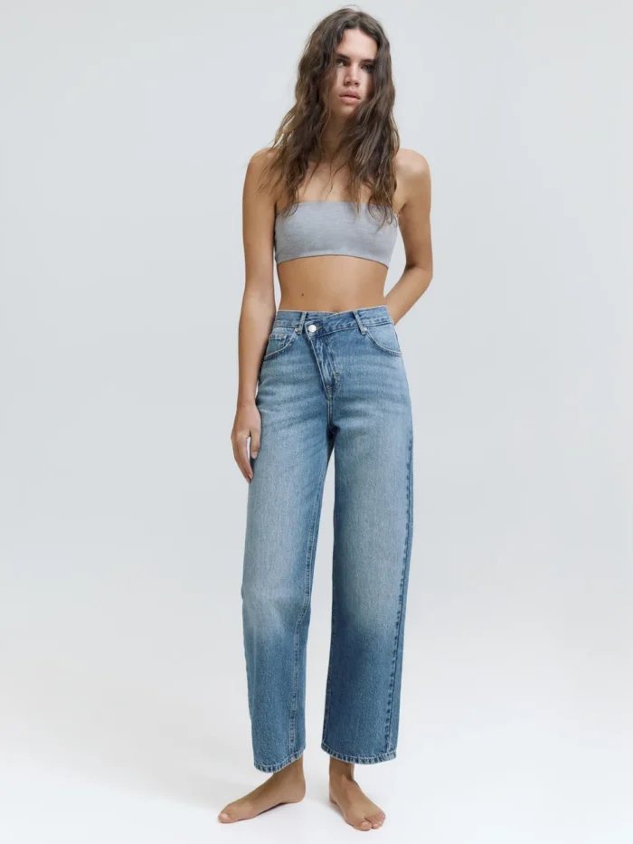 ORTA MAVİ RENK ÇAPRAZ BEL STRAİGHT FİT JEAN