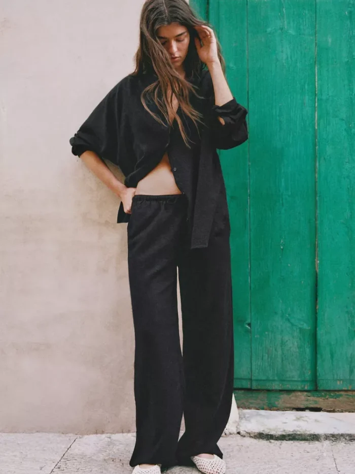 SİYAH RENK KETENLİ DÖKÜMLÜ PANTOLON