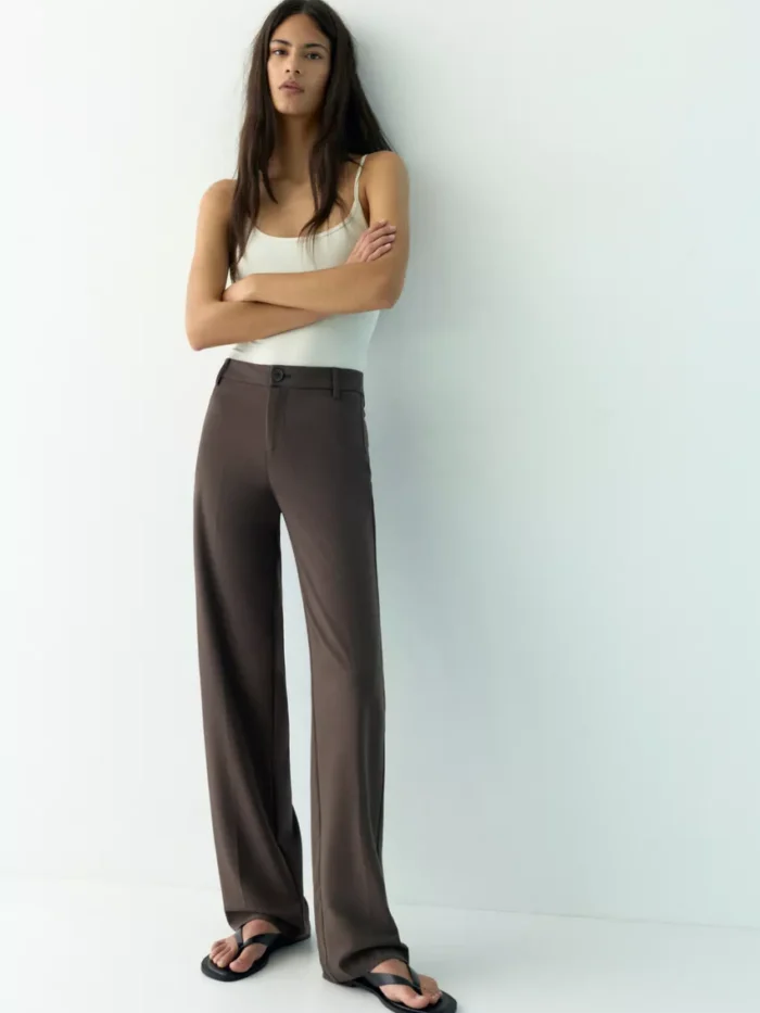 KAHVERENGİ UZUN BOL PAÇA KUMAŞ PANTOLON