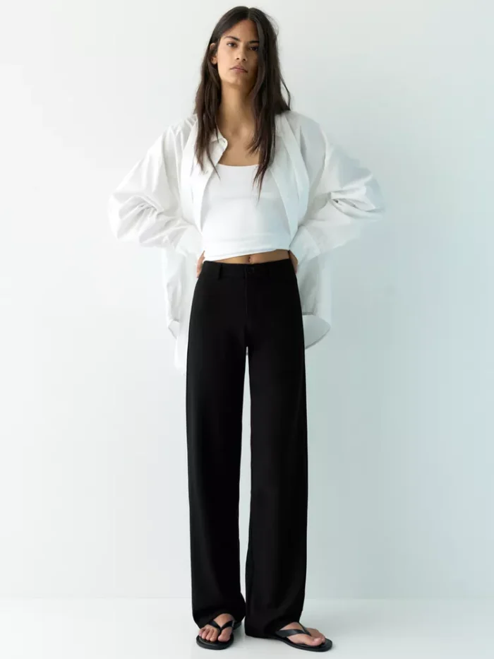 SİYAH RENK UZUN BOL PAÇA KUMAŞ PANTOLON