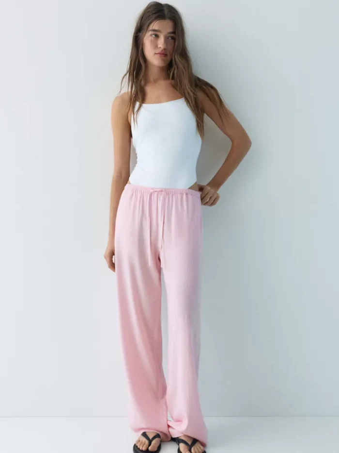 PASTEL PEMBE KETENLİ DÖKÜMLÜ PANTOLON