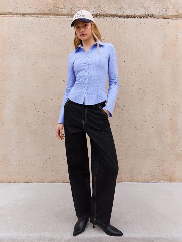 MAVİ RENK İSPANYOL KOLLU DAR KESİM GÖMLEK