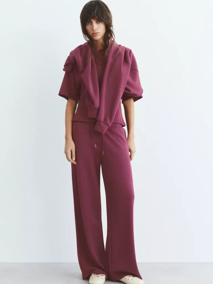 PATLICAN MORU YUMUŞAK DOKUNUŞLU GENİŞ PAÇA PANTOLON