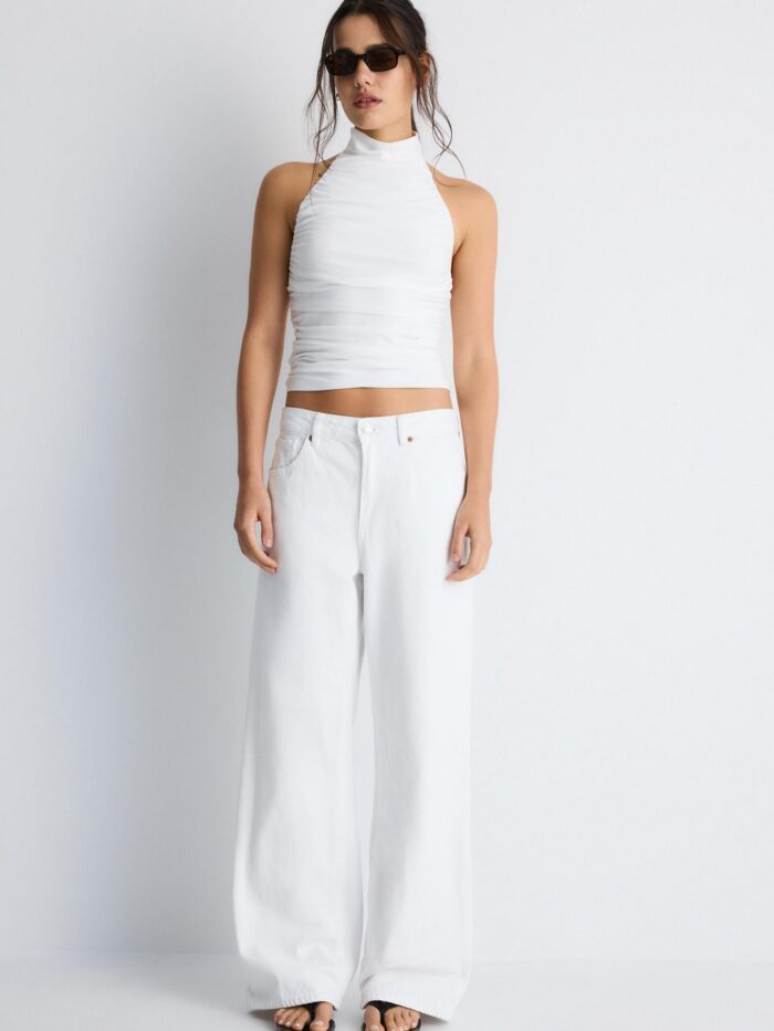 BEYAZ RENK BÜZGÜLÜ HALTER TOP